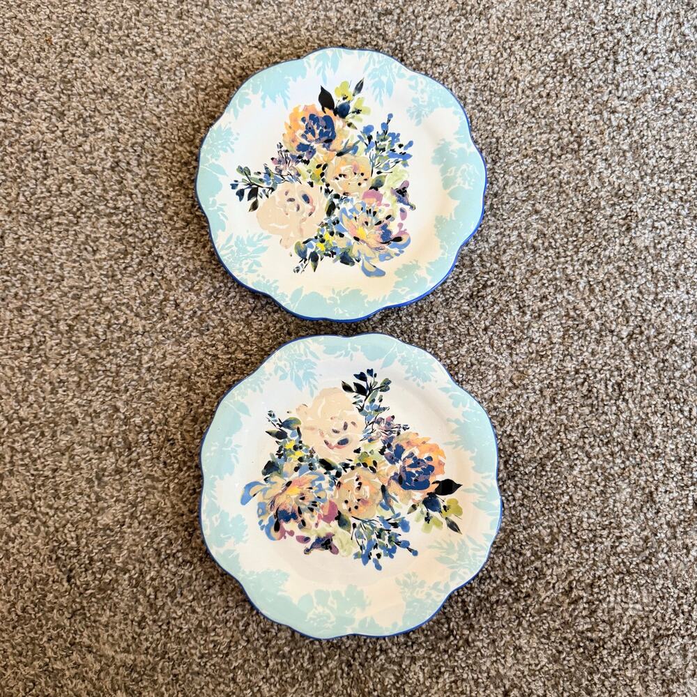Anthropologie Gardenshire Side Plates Set Floral Blue Handpainted 8.5" RARE